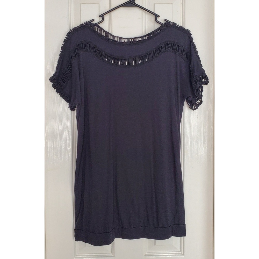 Casual Flirty Top Black Ladder Crochet Trim Short Sleeve Knit Tee Plus Size‎ 12